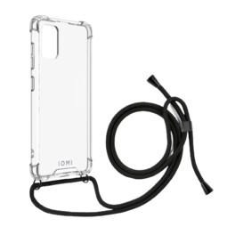 IOMI Samsung A02s crossbody case, clear, w/ 2 lanyards (blk + rd)